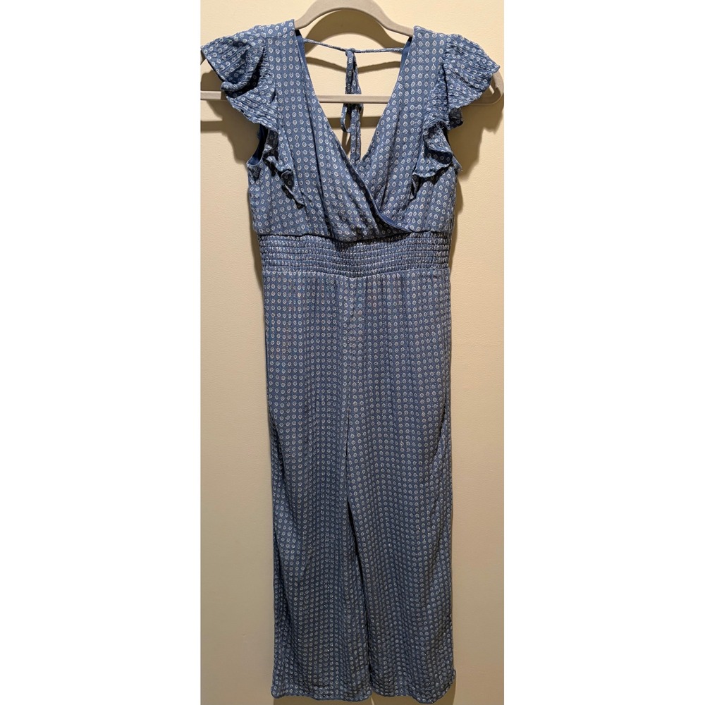 Poppies and Roses Blue Geometric Flutter Sleeve Smocked Wide Leg Jumpsuit Medium